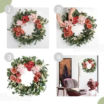 TEMPUS Artificial Pink Peony Wreath 20 inches Front Door Wreath with Hydrangea Green Leaves Wreath， Artificial Spring Wreath Valentines Mother's Day Wreath for Wall Wedding Party Home Decor (Pink) …