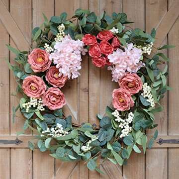 TEMPUS Artificial Pink Peony Wreath 20 inches Front Door Wreath with Hydrangea Green Leaves Wreath， Artificial Spring Wreath Valentines Mother's Day Wreath for Wall Wedding Party Home Decor (Pink) …