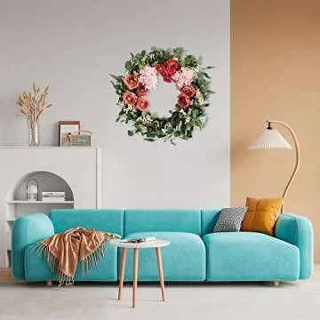 TEMPUS Artificial Pink Peony Wreath 20 inches Front Door Wreath with Hydrangea Green Leaves Wreath， Artificial Spring Wreath Valentines Mother's Day Wreath for Wall Wedding Party Home Decor (Pink) …
