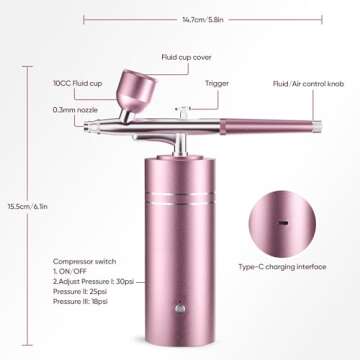 Airbrush for Nails Cordless Portable Airbrush Kit with Compressor 30PSI High-Pressure Rechargeable Air Brush Spray Machine with 0.3mm Nozzle for Painting Makeup Model Barber Cookie Cake (Pink)