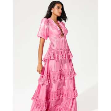 Jardinvue Pink Layered Ruffle Hem Dress Glossy Maxi Tiered Dress Stunning Formal Dress Wedding Guest Dress for Women Chic Womens Birthday Party Gown