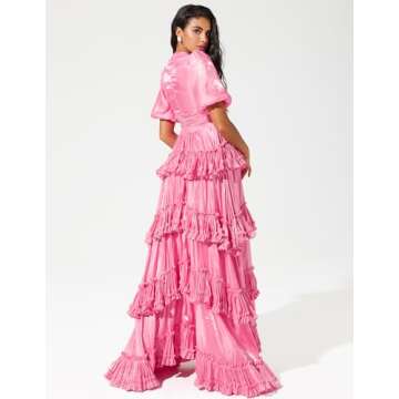 Jardinvue Pink Layered Ruffle Hem Dress Glossy Maxi Tiered Dress Stunning Formal Dress Wedding Guest Dress for Women Chic Womens Birthday Party Gown