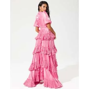 Jardinvue Pink Layered Ruffle Hem Dress Glossy Maxi Tiered Dress Stunning Formal Dress Wedding Guest Dress for Women Chic Womens Birthday Party Gown
