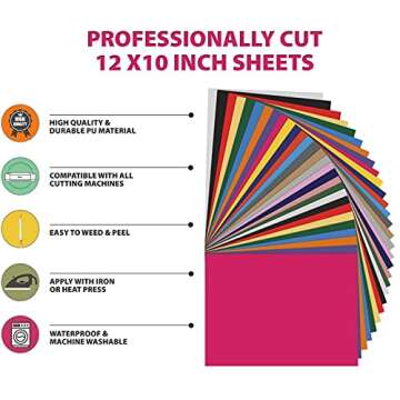 Kassa 30-Piece Heat Transfer Vinyl Sheets | 23 Colors in 12" x 10", Teflon Sheet & Weeding Tool Included | Compatible with All Cutting Machines | Ideal for Pressing on T-Shirts, Clothing & Textiles