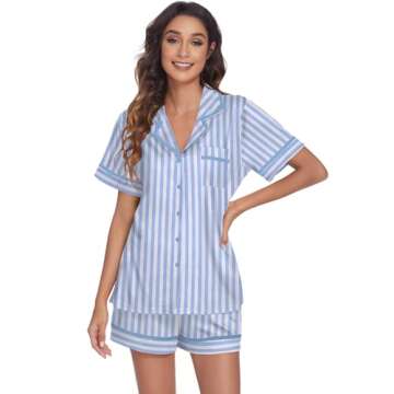 Ekouaer Women's Pajama Sets 2 Piece Short Sleeve Button Down Tops and Pants Pj Set V Neck Sleepwear Loungewear Chest Pocket Blue Stripes