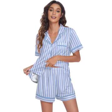 Ekouaer Women's Pajama Sets 2 Piece Short Sleeve Button Down Tops and Pants Pj Set V Neck Sleepwear Loungewear Chest Pocket Blue Stripes