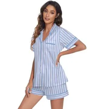 Ekouaer Women's Pajama Sets 2 Piece Short Sleeve Button Down Tops and Pants Pj Set V Neck Sleepwear Loungewear Chest Pocket Blue Stripes