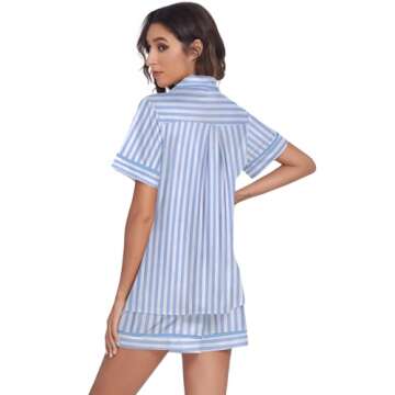Ekouaer Women's Pajama Sets 2 Piece Short Sleeve Button Down Tops and Pants Pj Set V Neck Sleepwear Loungewear Chest Pocket Blue Stripes