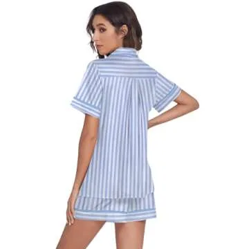 Ekouaer Women's Pajama Sets 2 Piece Short Sleeve Button Down Tops and Pants Pj Set V Neck Sleepwear Loungewear Chest Pocket Blue Stripes
