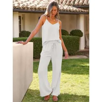 Caracilia 2 Piece Lounge Sets for Women Summer Casual Matching Wide Leg Pants Beach Travel Vacation 2025 Trendy Outfits White Medium