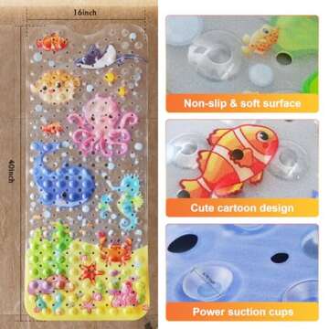 Baby Bath Mat for Tub for Kids, 40in x 16in Non Slip Cartoon Bath Tub Shower Mat Anti Slip with Drain Holes and Suction Cups Machine Washable, Octopus