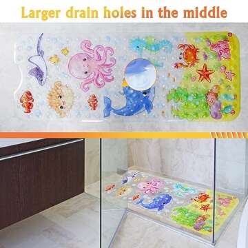 Baby Bath Mat for Tub for Kids, 40in x 16in Non Slip Cartoon Bath Tub Shower Mat Anti Slip with Drain Holes and Suction Cups Machine Washable, Octopus