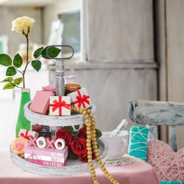 Chenkaiyang 2 Pcs Pink Valentine's Day Tiered Tray Decor Bundle, Rustic Wood Decorative Book Stack,Be My Sweet Valentine Love Table Sign with Twine for Farmhouse Shelf Home Tiered Tray Decor(Pink)