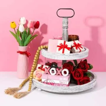 Chenkaiyang 2 Pcs Pink Valentine's Day Tiered Tray Decor Bundle, Rustic Wood Decorative Book Stack,Be My Sweet Valentine Love Table Sign with Twine for Farmhouse Shelf Home Tiered Tray Decor(Pink)