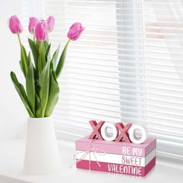Chenkaiyang 2 Pcs Pink Valentine's Day Tiered Tray Decor Bundle, Rustic Wood Decorative Book Stack,Be My Sweet Valentine Love Table Sign with Twine for Farmhouse Shelf Home Tiered Tray Decor(Pink)