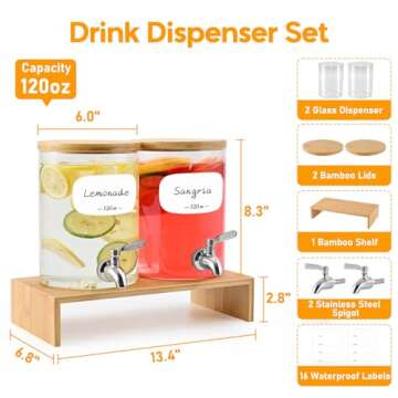 Water Drink Dispenser with Stainless Steel Spigot,8 Waterproof Labels, Bamboo Lid and Stand - 2 Pack...