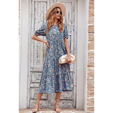 PRETTYGARDEN Women's Summer Casual Boho Dress Floral Print Ruffle Puff Short Sleeve Flowy Midi Beach Party Dresses (Blue Apricot,Large)