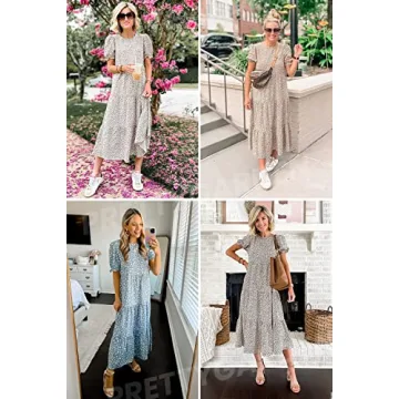 PRETTYGARDEN Women's Summer Casual Boho Dress Floral Print Ruffle Puff Short Sleeve Flowy Midi Beach Party Dresses (Blue Apricot,Large)