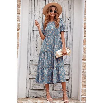 PRETTYGARDEN Women's Summer Casual Boho Dress Floral Print Ruffle Puff Short Sleeve Flowy Midi Beach Party Dresses (Blue Apricot,Large)