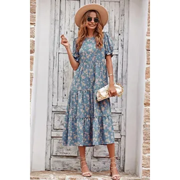 PRETTYGARDEN Women's Summer Casual Boho Dress Floral Print Ruffle Puff Short Sleeve Flowy Midi Beach Party Dresses (Blue Apricot,Large)