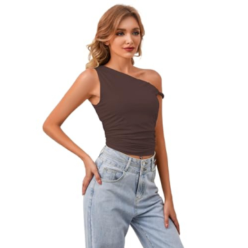 Chic Ythomm Women One Shoulder Ruched Crop Top