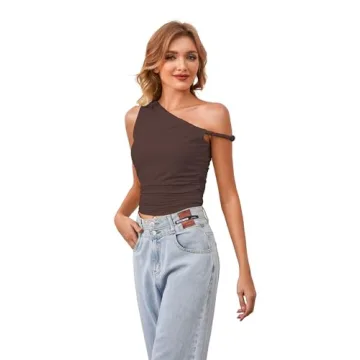 Chic Ythomm Women One Shoulder Ruched Crop Top