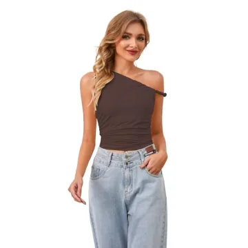 Chic Ythomm Women One Shoulder Ruched Crop Top