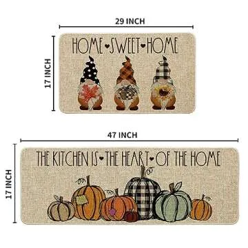 Artoid Mode Home Sweet Home Gnome Pumpkin Decorative Kitchen Mats Set of 2, The Kitchen is The Heart of The Home Seasonal Fall Holiday Party Vintage Low-Profile Floor Mat - 17x29 and 17x47 Inch