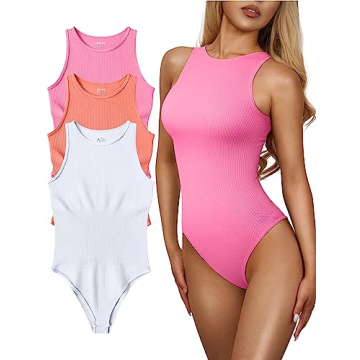OQQ Women's 3 Piece Bodysuits Sexy Ribbed One Piece Sleeveless Halter Neck Tops Leotard Summer Trend...