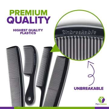 Mars Wellness 4 Piece Professional Comb Set Black - USA MADE - Fine Pro Tail Combs, Dresser Hair Com...