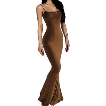 Forlisea Women's Sexy Bodycon Maxi Dress Spaghetti Strap Sleeveless Long Party Club Dress Brown