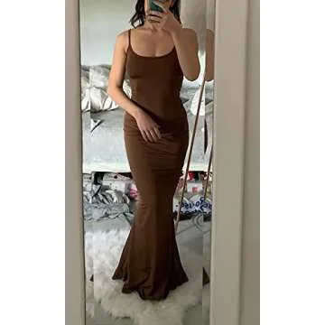 Forlisea Women's Sexy Bodycon Maxi Dress Spaghetti Strap Sleeveless Long Party Club Dress Brown