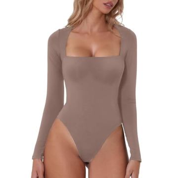 QINSEN Women's Curved Shoulders Bodysuit - Flattering & Comfortable Rose Taupe T-Shirt