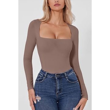 QINSEN Women's Curved Shoulders Bodysuit Rose Taupe Comfort