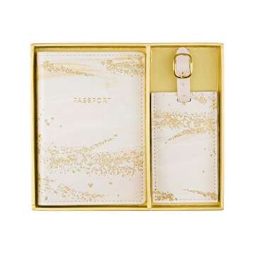 Eccolo Passport Cover Holder And Luggage Tag Set In Gift Box, Pink & Gold Marble