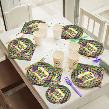 Kepeel 96 Pcs Mardi Gras Party Supplies Set for 24 Guests