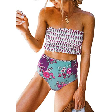 Dokotoo Womens Floral Print Push Up Beach Summer Strapless Smocked Ladies Bikini Set Ruffled High Waist Swimsuit Bathing Suit 2 Pieces Swimear Swim Bottom