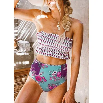 Dokotoo Womens Floral Print Push Up Beach Summer Strapless Smocked Ladies Bikini Set Ruffled High Waist Swimsuit Bathing Suit 2 Pieces Swimear Swim Bottom