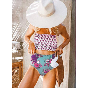 Dokotoo Womens Floral Print Push Up Beach Summer Strapless Smocked Ladies Bikini Set Ruffled High Waist Swimsuit Bathing Suit 2 Pieces Swimear Swim Bottom