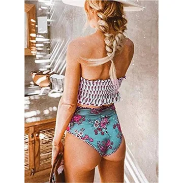 Dokotoo Womens Floral Print Push Up Beach Summer Strapless Smocked Ladies Bikini Set Ruffled High Waist Swimsuit Bathing Suit 2 Pieces Swimear Swim Bottom