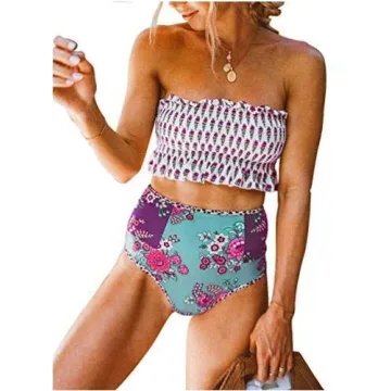 Dokotoo Womens Floral Print Push Up Beach Summer Strapless Smocked Ladies Bikini Set Ruffled High Waist Swimsuit Bathing Suit 2 Pieces Swimear Swim Bottom