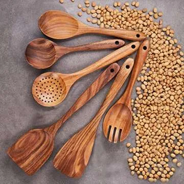 Wooden Kitchen Utensils Set,GUDAMAYE 6 PCE Wooden Spoons for Cooking,Wooden Cooking Utensils,Natural...