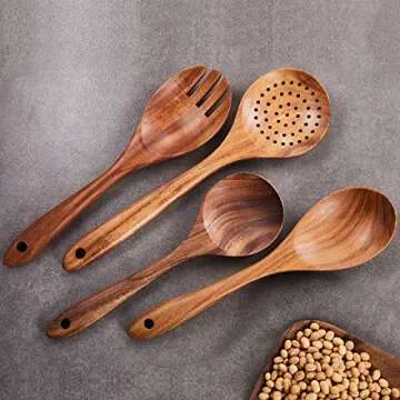 Wooden Kitchen Utensils Set,GUDAMAYE 6 PCE Wooden Spoons for Cooking,Wooden Cooking Utensils,Natural Teak Wooden Spoons For Non-stick Pan