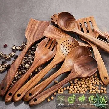 Wooden Kitchen Utensils Set,GUDAMAYE 6 PCE Wooden Spoons for Cooking,Wooden Cooking Utensils,Natural Teak Wooden Spoons For Non-stick Pan