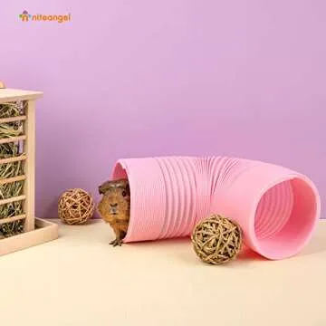 Niteangel Small Animal Foldable Play Tunnel with Fun Toys, 5.9 x 31.5 inches for Guinea Pigs, Rats and Dwarf Rabbits (Pink)
