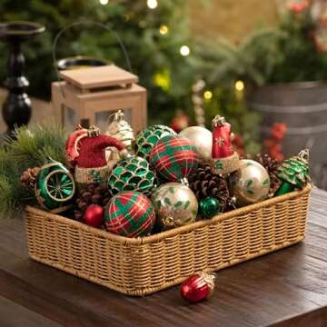 Valery Madelyn Ornaments for Christmas Trees, 70ct Red Green and Gold Shatterproof Christmas Tree Decorations, Traditional Country Hanging Ball Ornaments Bulk for Xmas Holiday Decor