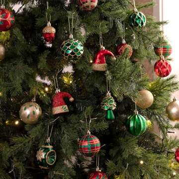 Valery Madelyn Ornaments for Christmas Trees, 70ct Red Green and Gold Shatterproof Christmas Tree Decorations, Traditional Country Hanging Ball Ornaments Bulk for Xmas Holiday Decor