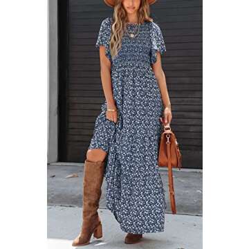 PRETTYGARDEN Women's 2024 Summer Round Neck Short Flutter Sleeve Smocked Ruffle Floral Maxi Dress Flowy Tiered Boho Dress (Navy,Medium)