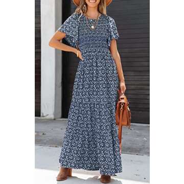 PRETTYGARDEN Women's 2024 Summer Round Neck Short Flutter Sleeve Smocked Ruffle Floral Maxi Dress Flowy Tiered Boho Dress (Navy,Medium)