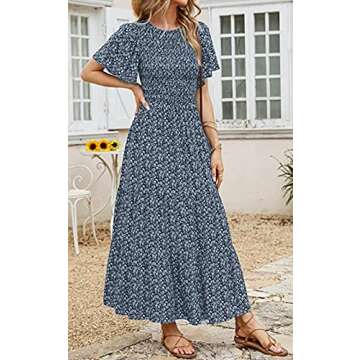 PRETTYGARDEN Women's 2024 Summer Round Neck Short Flutter Sleeve Smocked Ruffle Floral Maxi Dress Flowy Tiered Boho Dress (Navy,Medium)